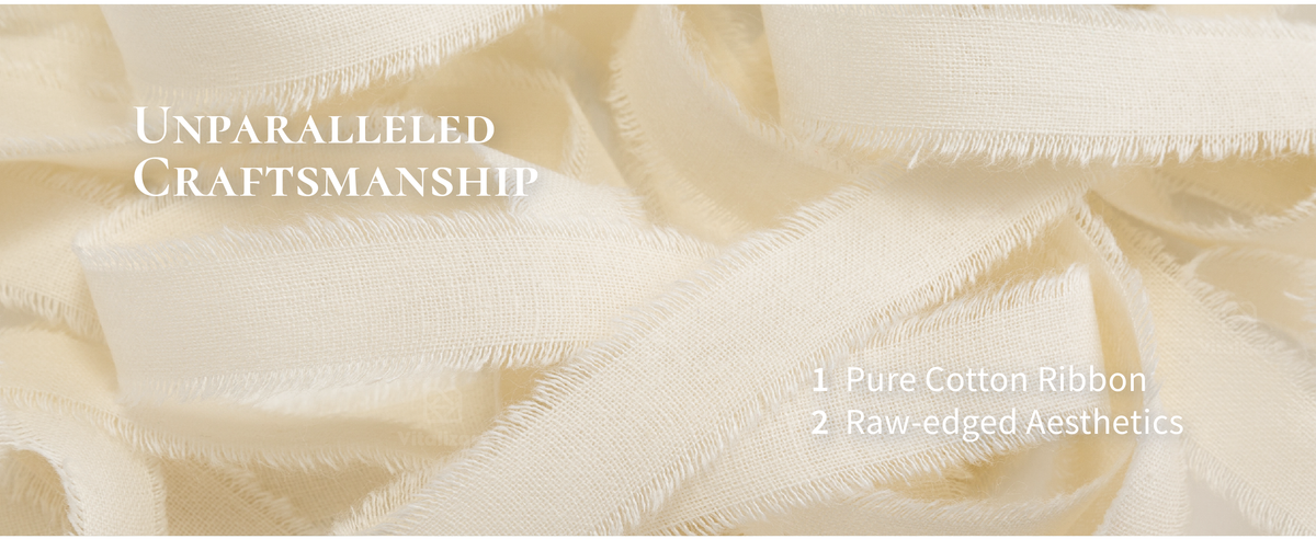 Close-up of ivory cotton ribbon showing its woven texture and softly frayed raw edges