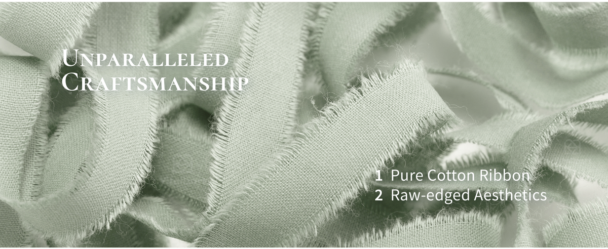 Close-up of sage green cotton ribbon showing its woven texture and softly frayed raw edges