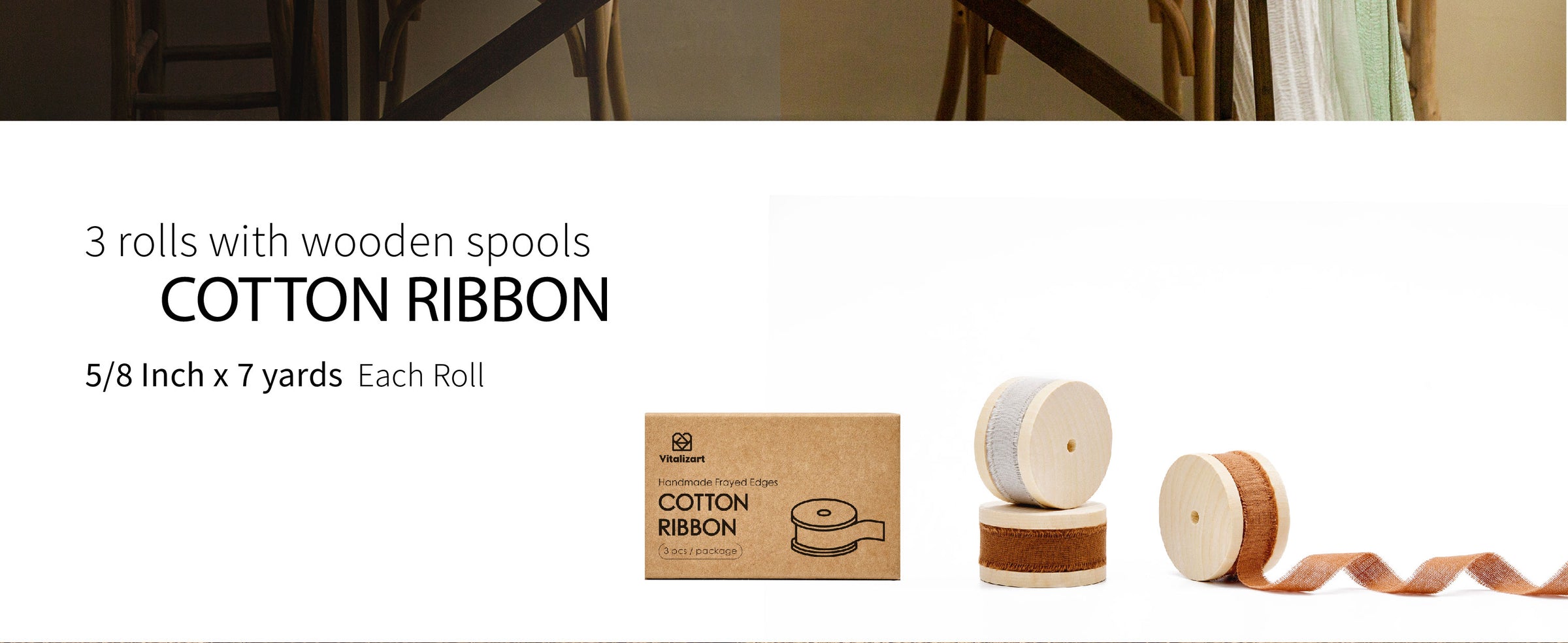 Three rolls of gray, brown, and rust fringed cotton ribbon on wooden spools beside the package.