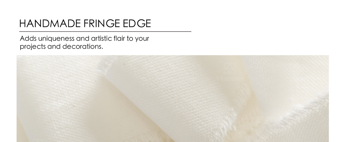 Extreme close-up of ivory ribbon showing fine woven texture and soft handmade fringed edges.