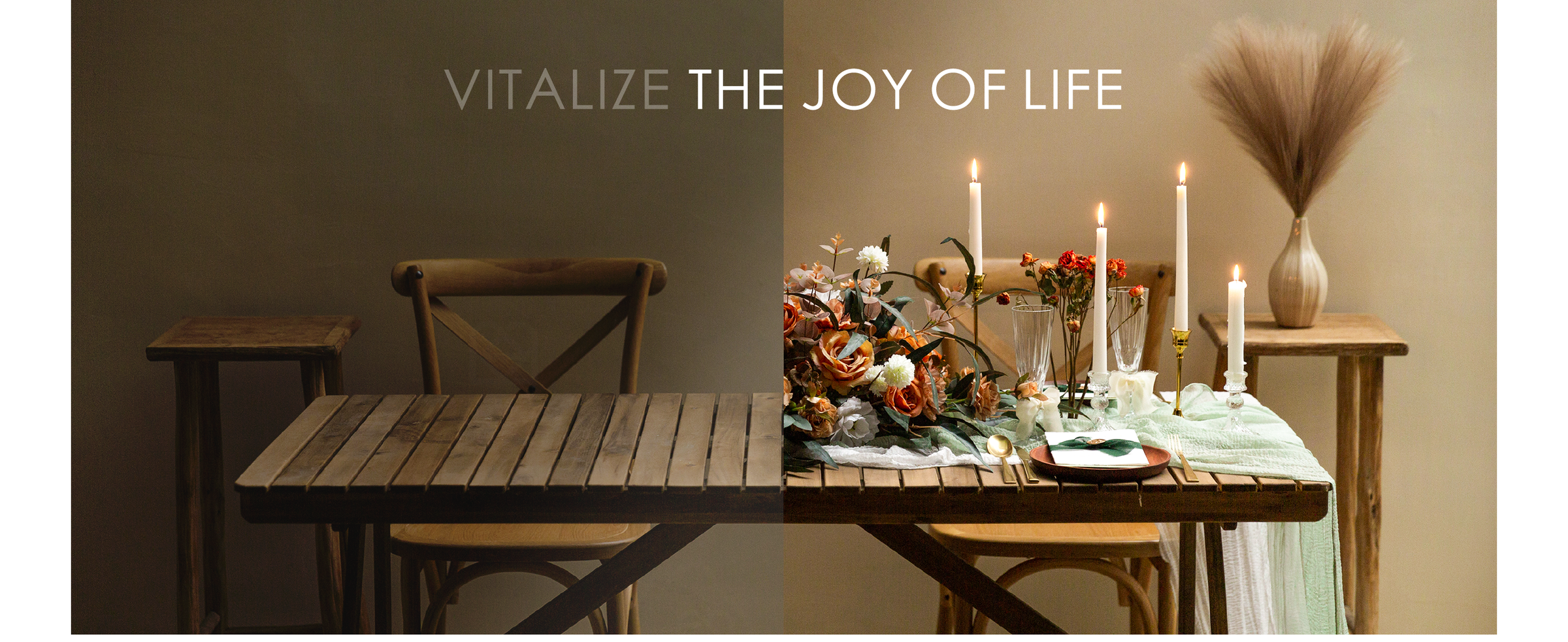 Bare rustic table transformed with dusty green linens, flowers, place settings, and lit candles