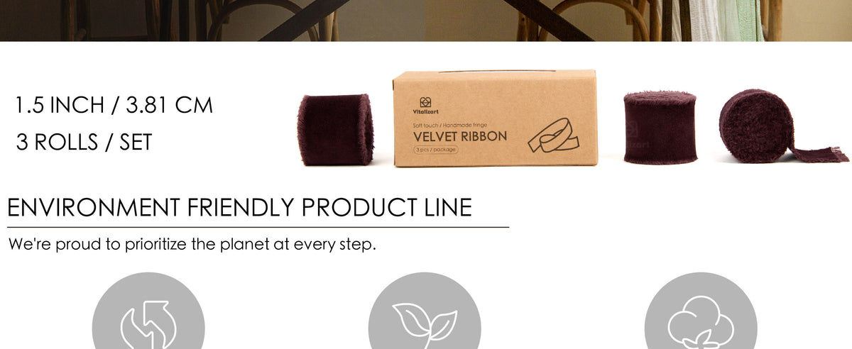 Three dark brown 1.5-inch velvet ribbon rolls with fringed edges beside a kraft storage box