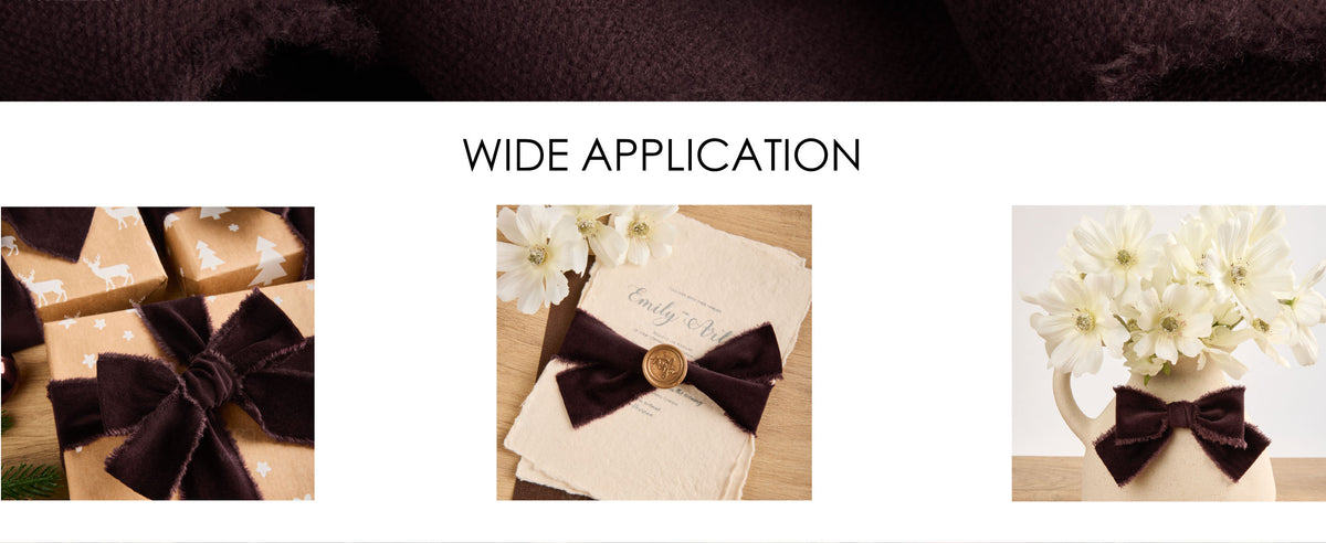 Dark brown fringed velvet ribbon used on gift boxes, a sealed invitation, and a flower vase.