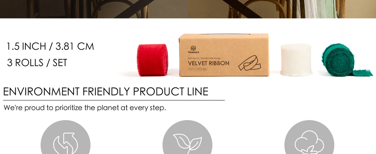 Three 1.5-inch velvet ribbon rolls in red, ivory, and green displayed with kraft packaging.