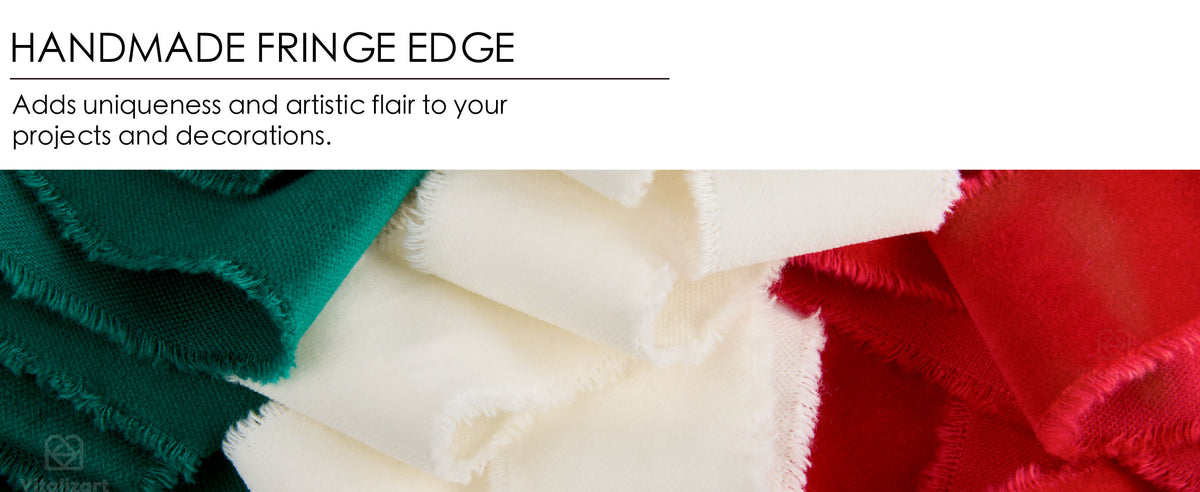 Green, ivory, and red velvet ribbons folded together to highlight their handmade fringe edges.