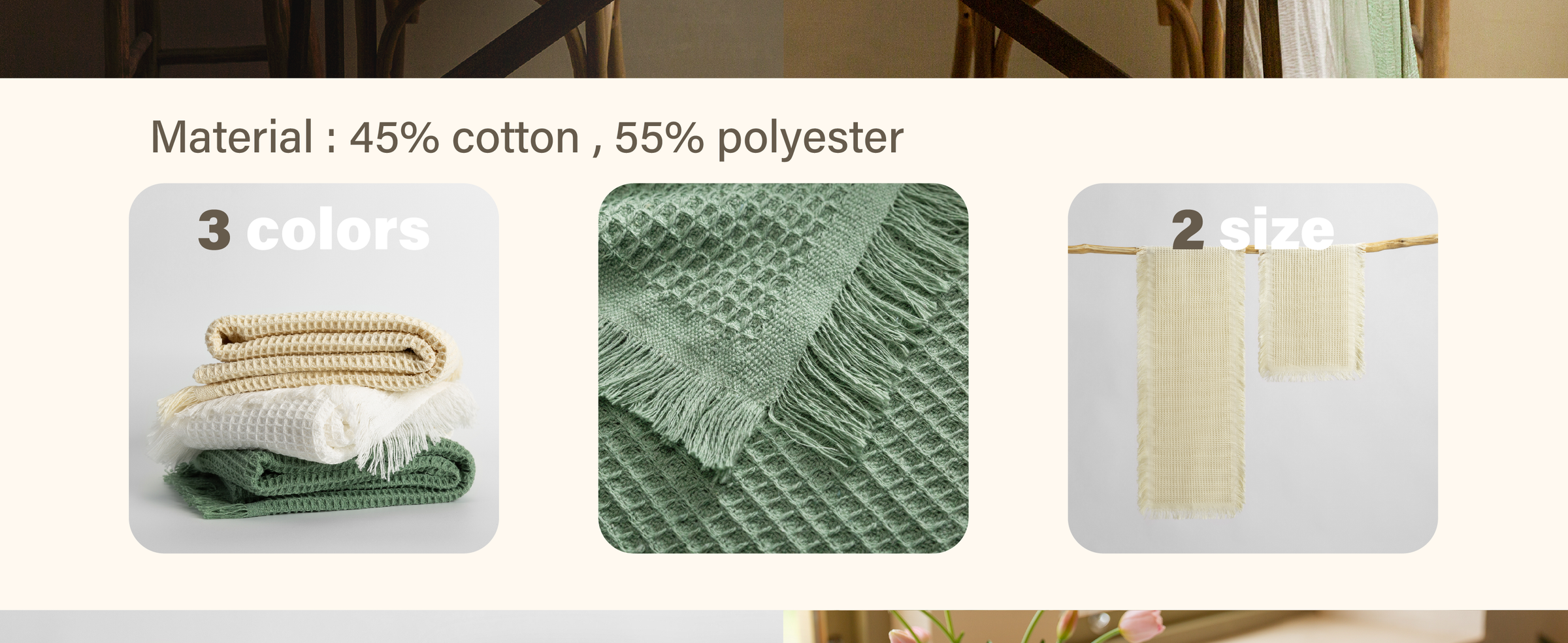 Waffle-weave table runners in three colors, showing fringed texture and two cream runner sizes