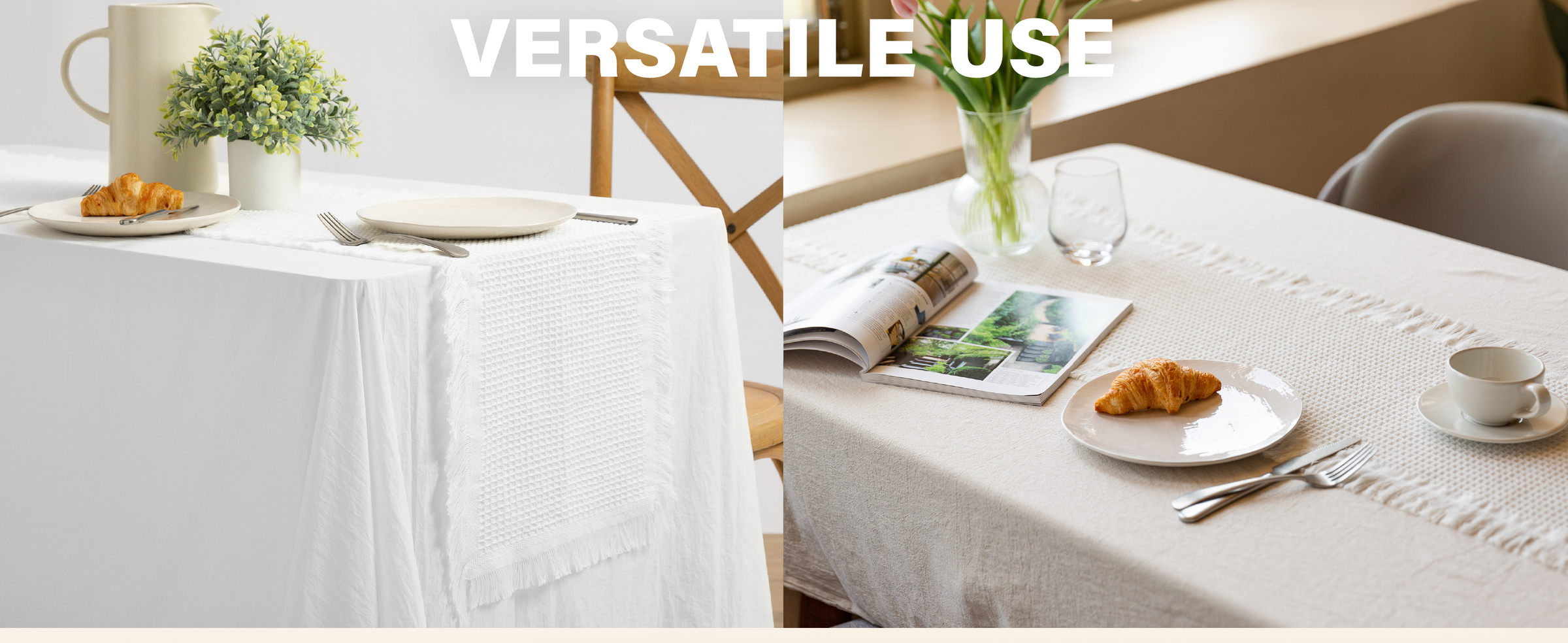 White fringed waffle-weave table runner styled lengthwise and across two bright dining tables