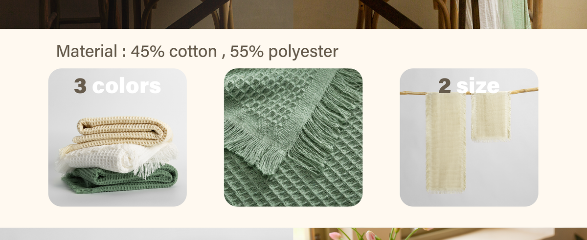 Waffle-weave table runners in three colors, showing fringed texture and two cream runner sizes