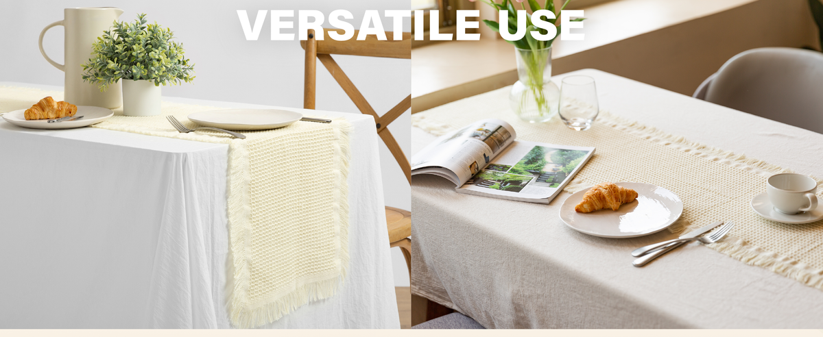 Cream fringed waffle-weave table runner styled lengthwise and across two softly lit dining tables