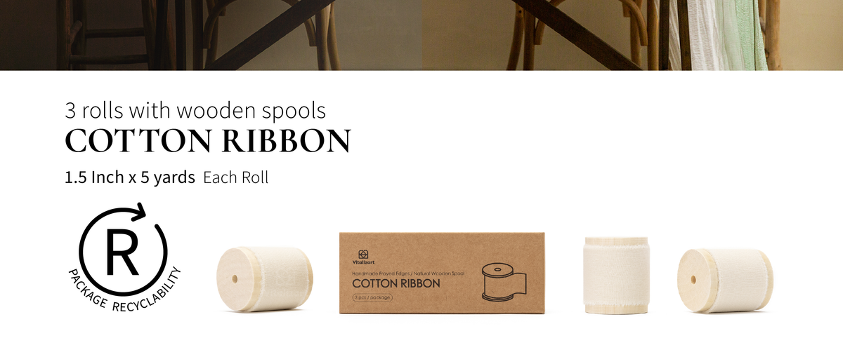 Three cream-white cotton ribbon rolls with fringed edges on wooden spools, each 1.5 inches by 5 yards.