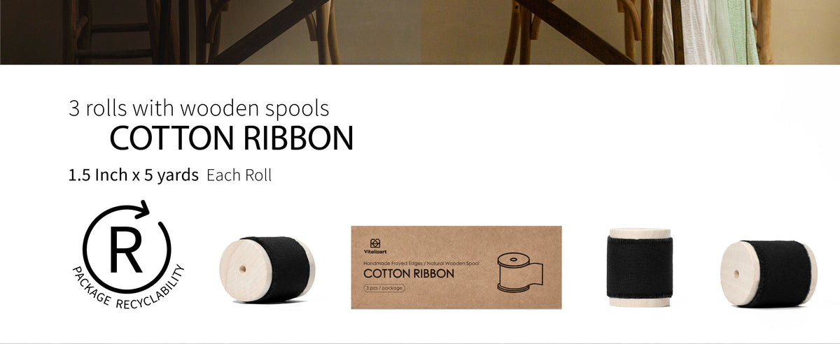 Three rolls of black cotton ribbon on wooden spools with kraft packaging, each 1.5 inches by 5 yards
