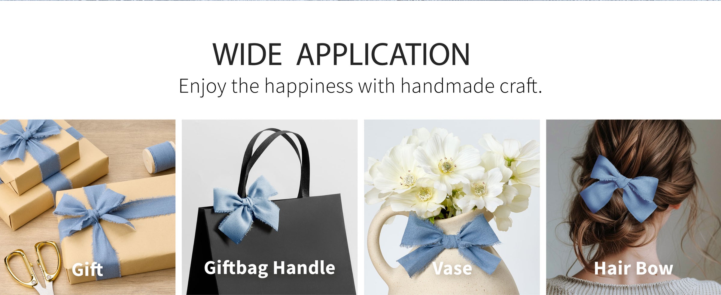 Dusty blue frayed cotton ribbon tied around kraft gifts and fashioned into a bow on a black gift bag.