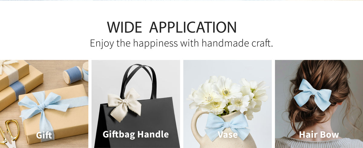 Frayed cotton ribbon used as light blue gift wrap and a cream bow on a black shopping bag.