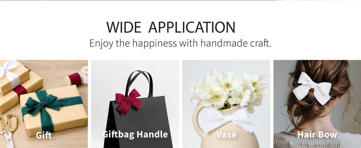 Frayed green, red, and white cotton ribbon used on wrapped gifts and as a bow on a black shopping bag.