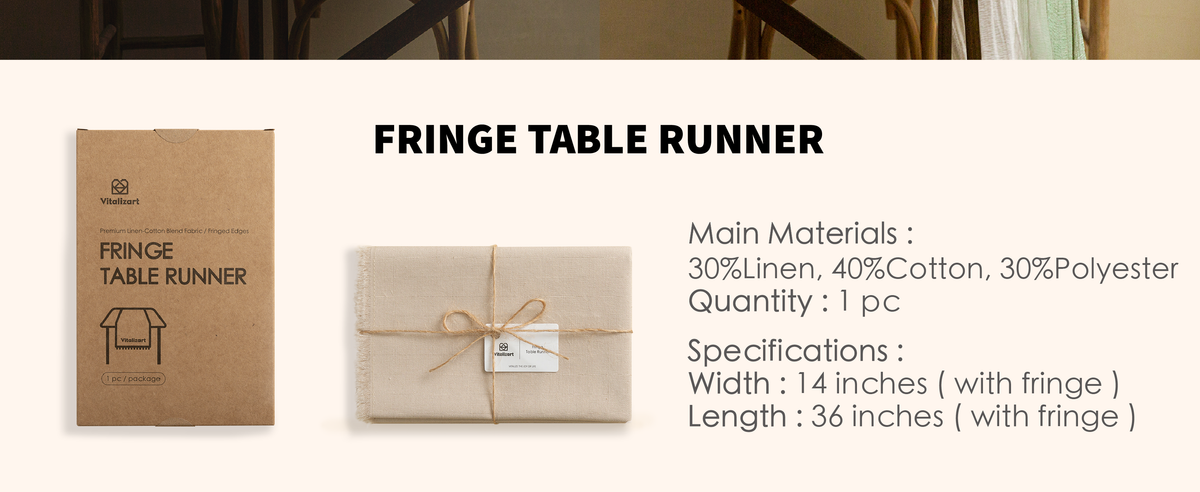 Folded nude-tan fringed table runner tied with twine, measuring 14 by 36 inches
