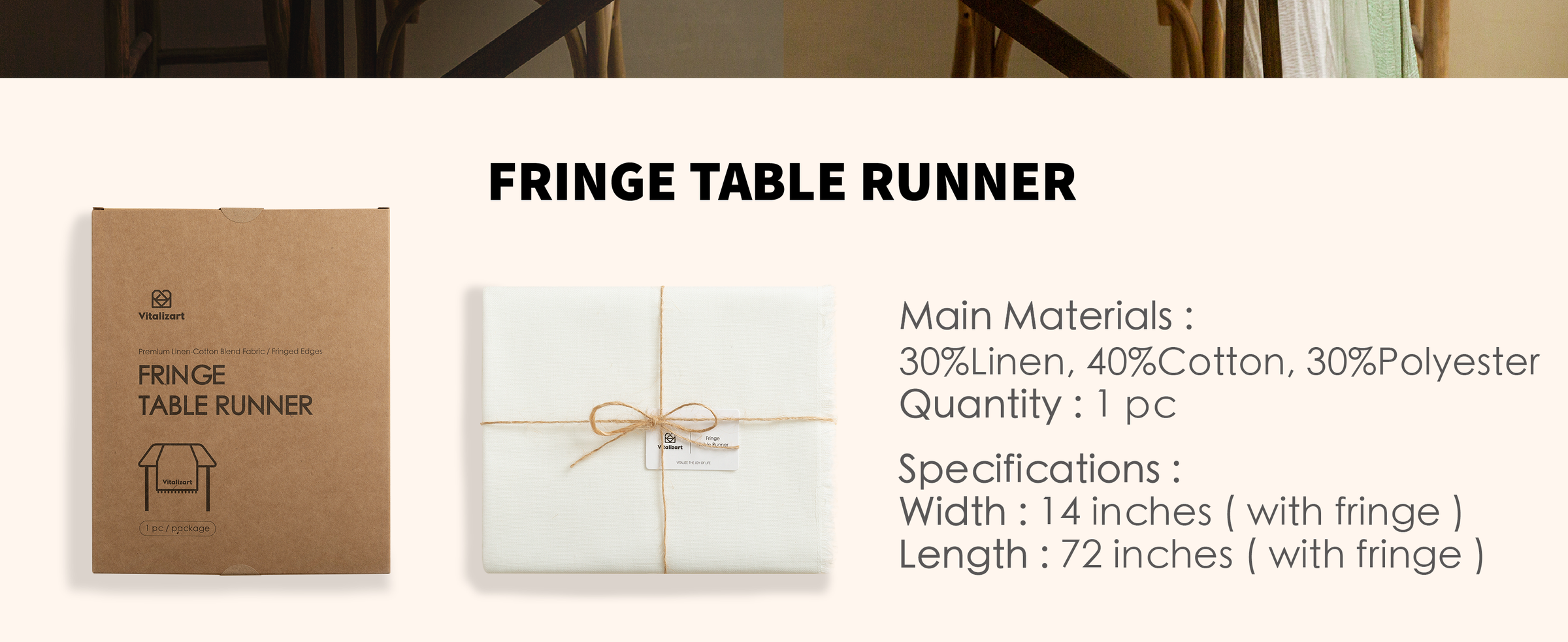 Folded pure-white fringed table runner tied with twine, measuring 14 by 72 inches