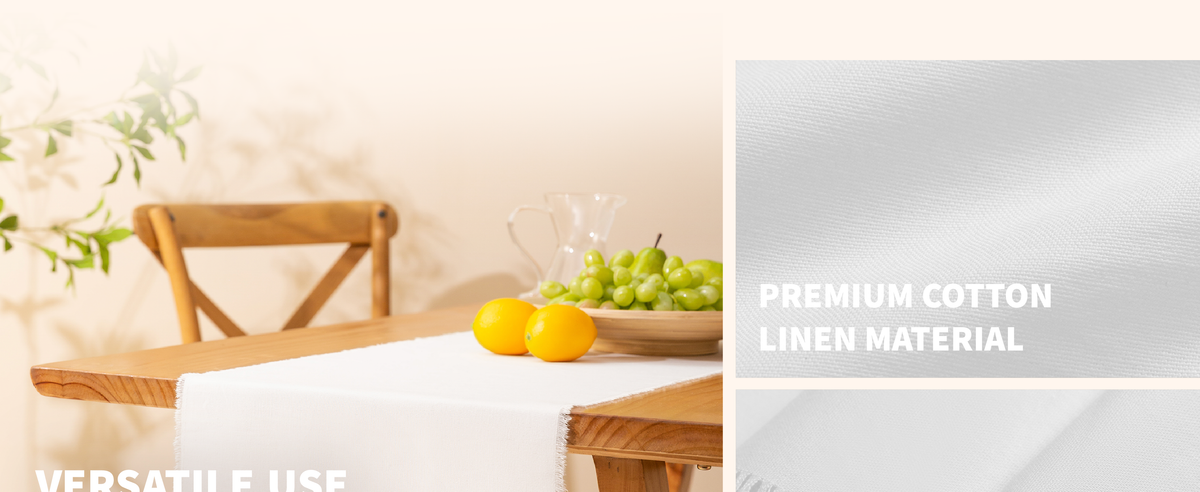 Pure-white fringed table runner draped lengthwise over a wooden dining table with fresh fruit