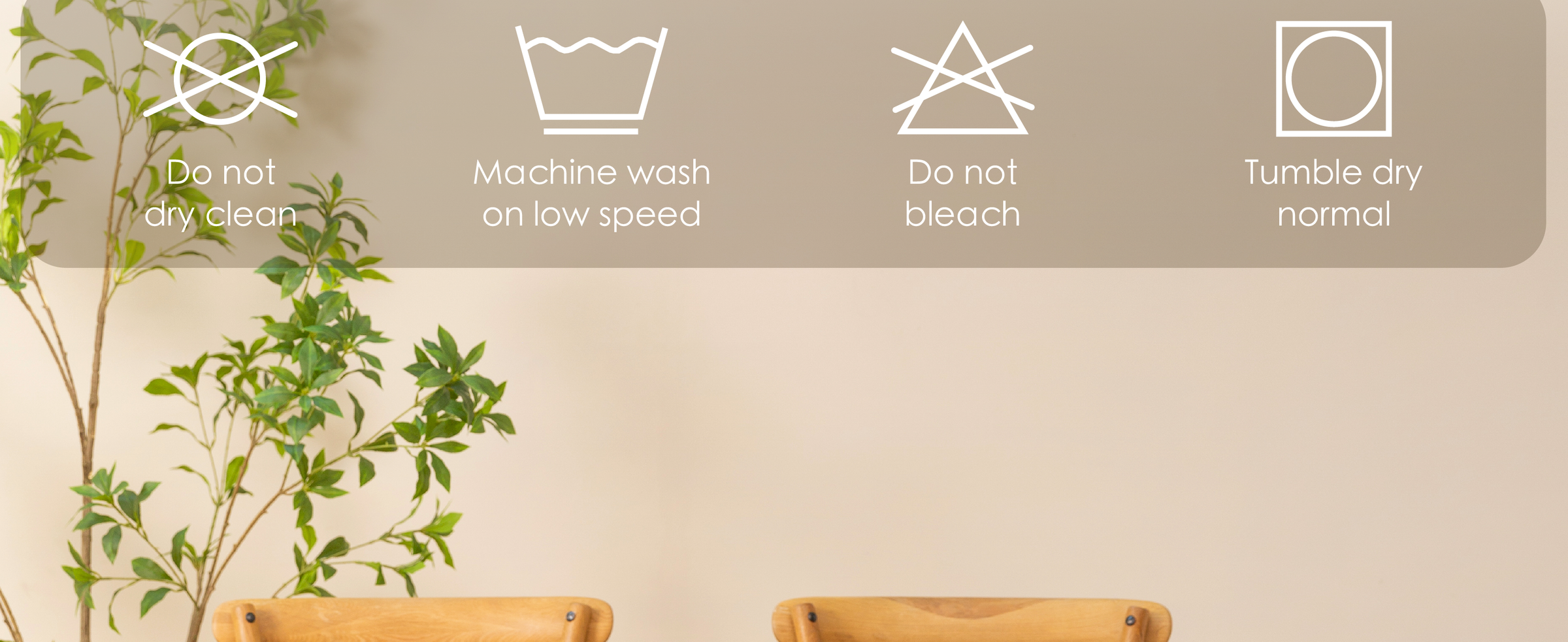 Care instructions for the ivory fringe table runner with washing, drying, and ironing symbols