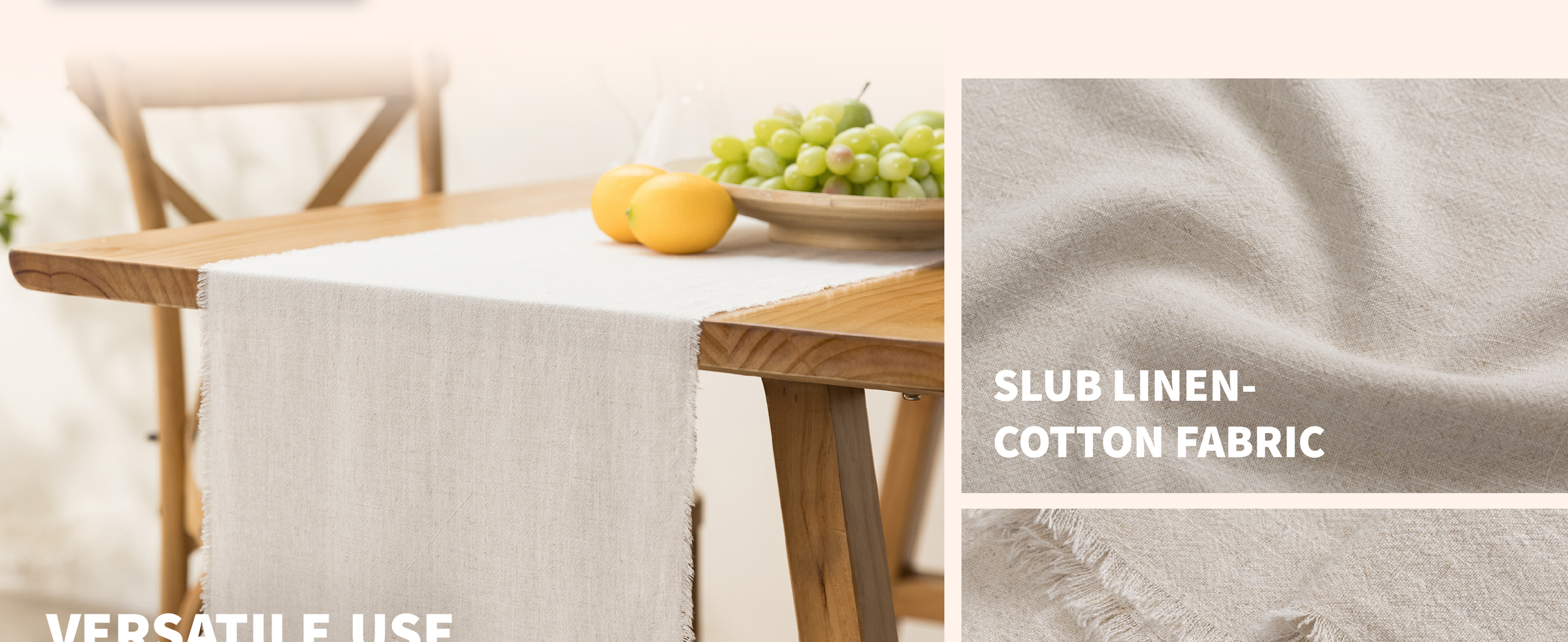 Light beige fringed table runner draped over a warm wooden dining table with lemons above.