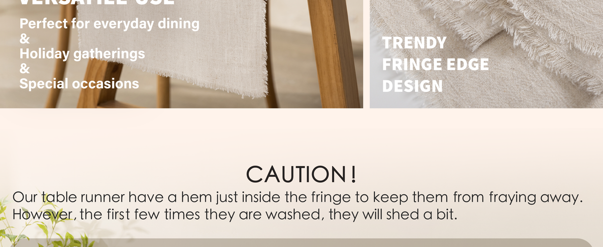 Close-up comparison of light beige linen-cotton table runner fabric and its soft fringed edge.