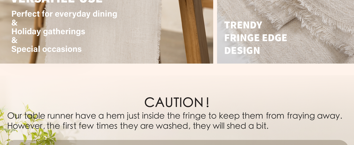 Close-up comparison of beige linen-cotton table runner fabric and its soft fringed edge.