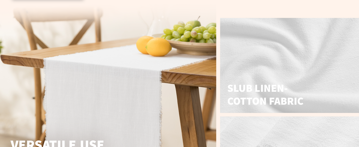 White woven fringe table runner draped over a wooden table for everyday or special dining