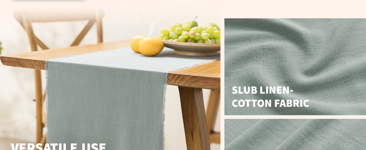 Sage green woven fringe table runner draped over a wooden table for everyday or special dining