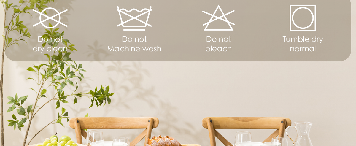 Care guide for the fringed table runner: no dry cleaning, machine washing, or bleach