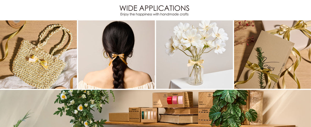 Cream gift boxes wrapped with glossy ivory, tan, and gold satin ribbons tied in neat bows