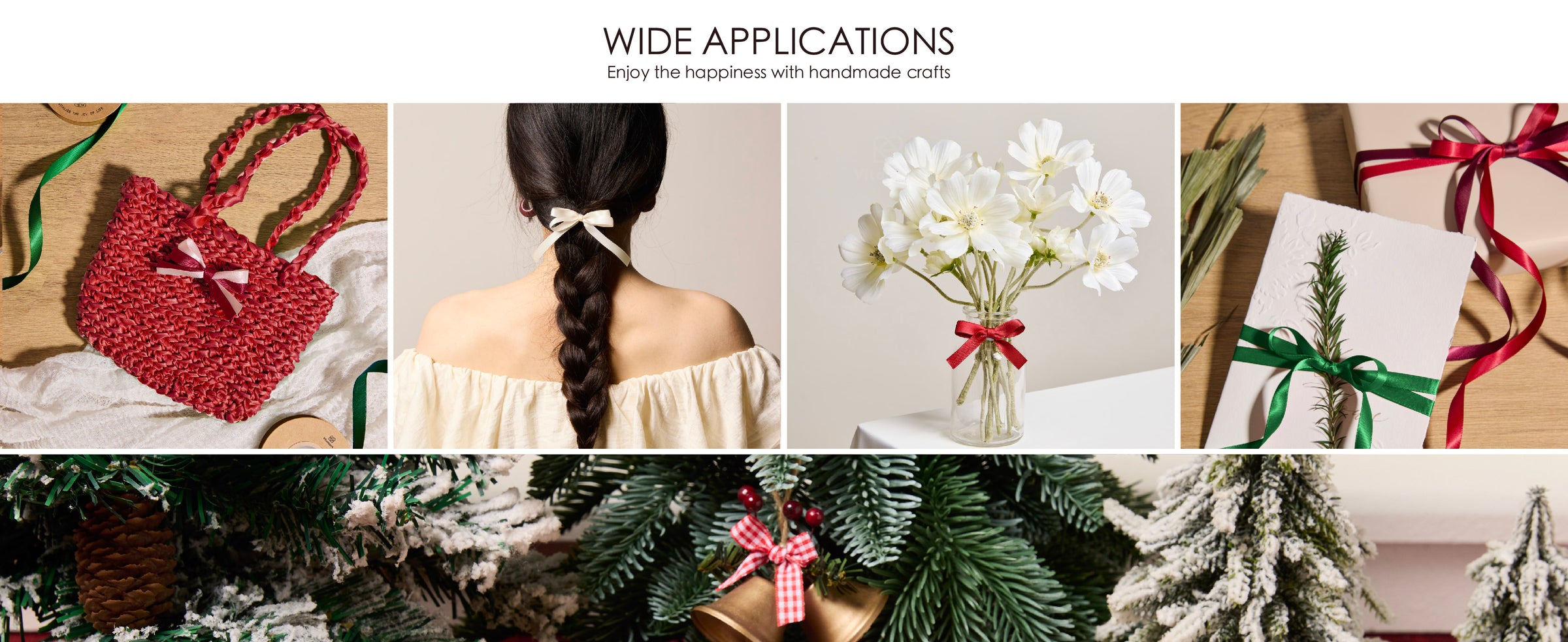Christmas-color satin ribbon used on a woven bag, braid, flower vase, and wrapped card.