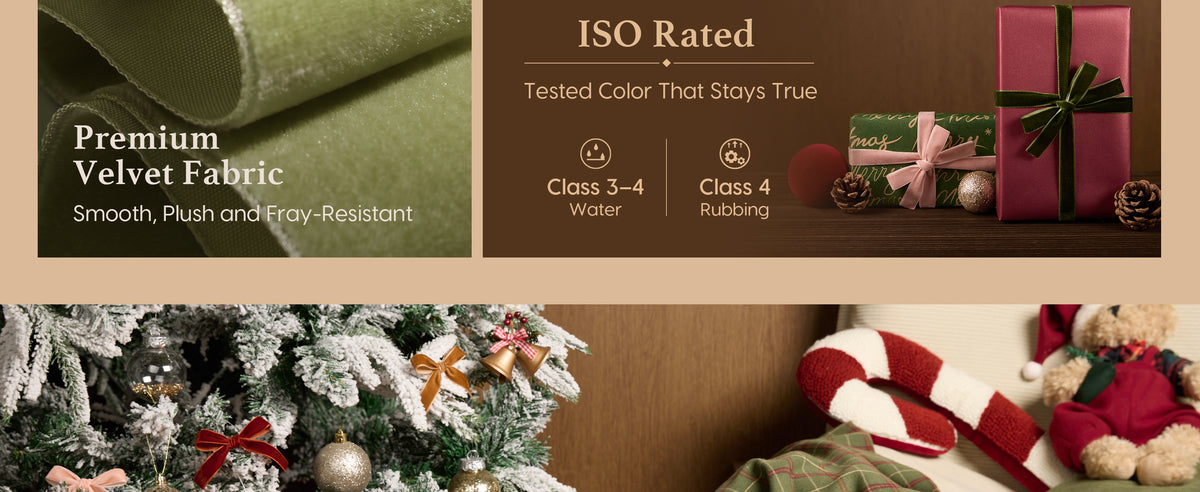 Green and pink velvet ribbon set shown with packaging and colorfastness information for the ribbon colors