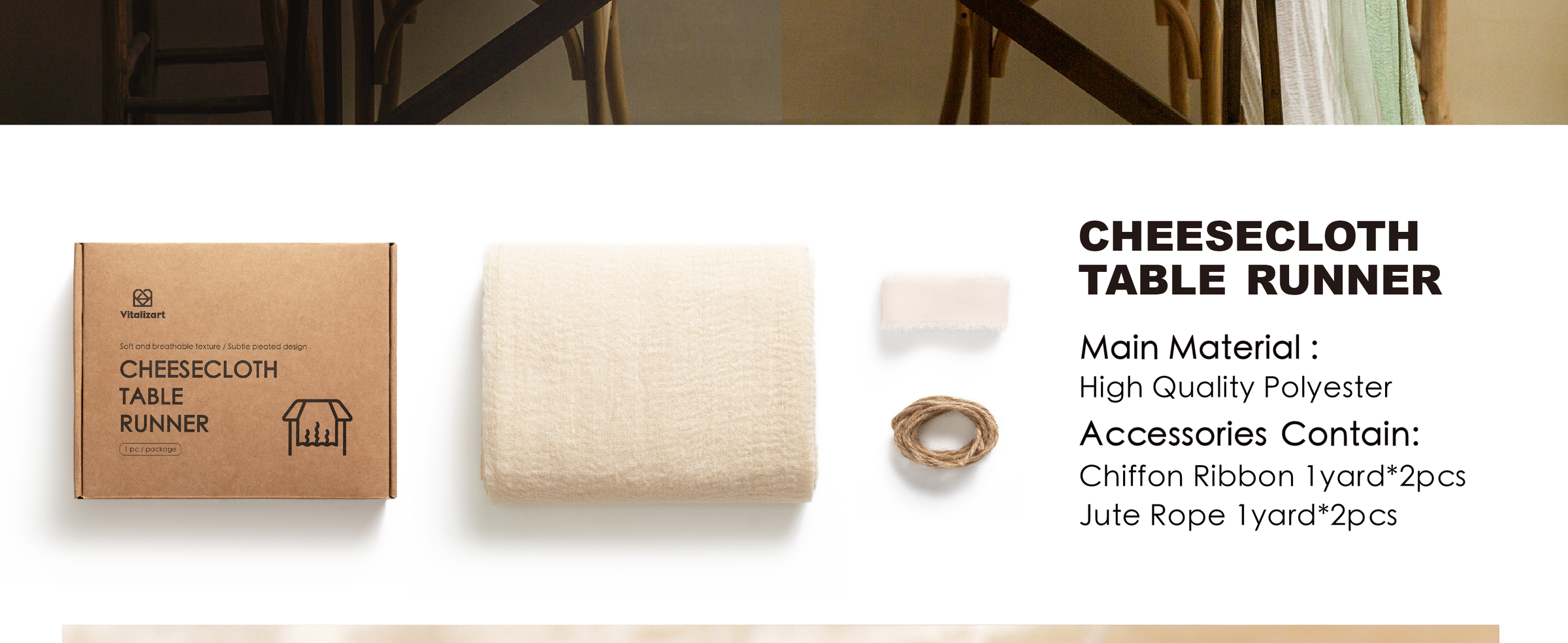 Folded ivory polyester cheesecloth table runner with box, chiffon ribbon, and jute rope.