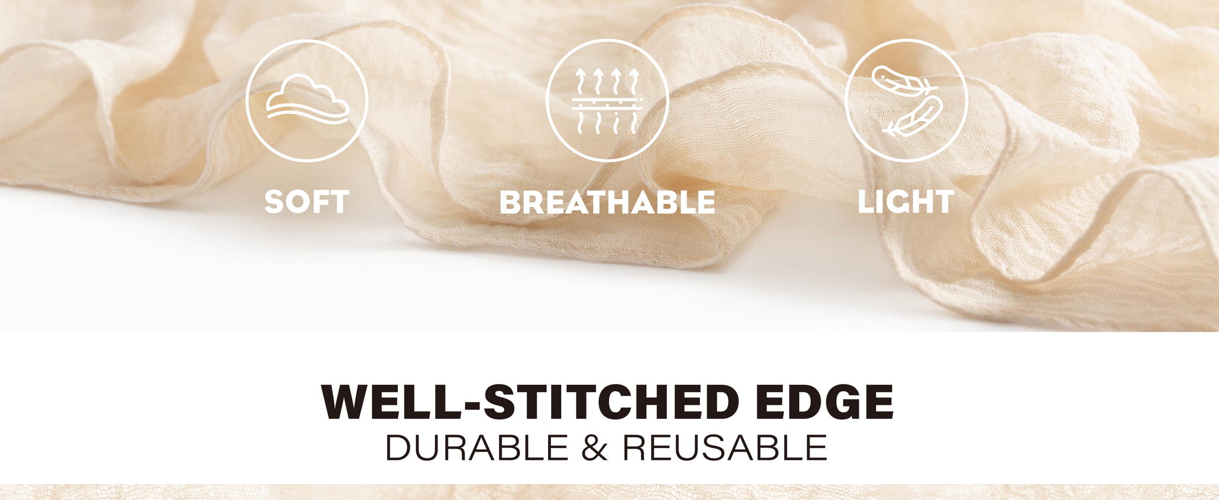 Ivory cheesecloth table runner in airy folds, showing its sheer crinkled weave and stitched edge.