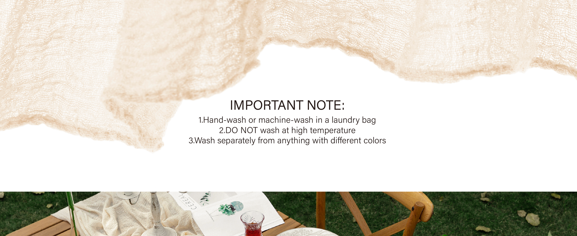 Sheer ivory cheesecloth table runner with stitched edge and washing instructions.