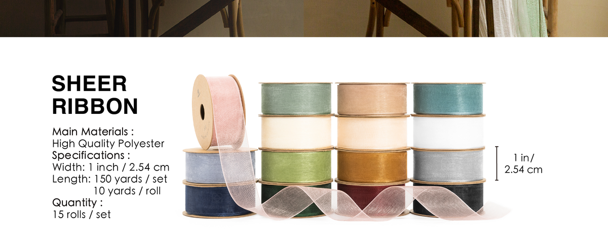 Set of 15 sheer organza ribbon spools in mixed colors, each 1 inch wide and 10 yards long