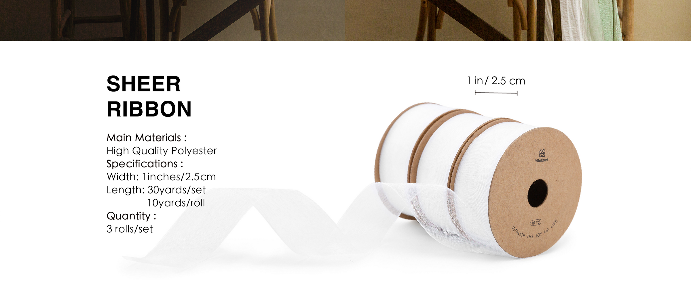Three rolls of white sheer polyester ribbon, 1 inch wide and 30 yards total