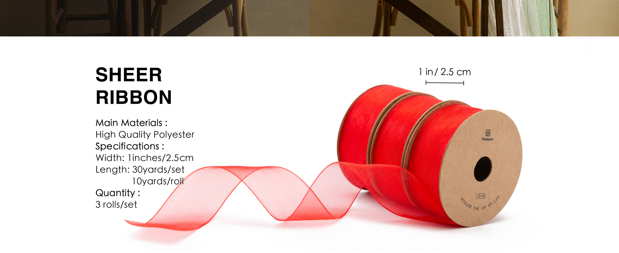 Three rolls of red sheer polyester ribbon, 1 inch wide and 30 yards total