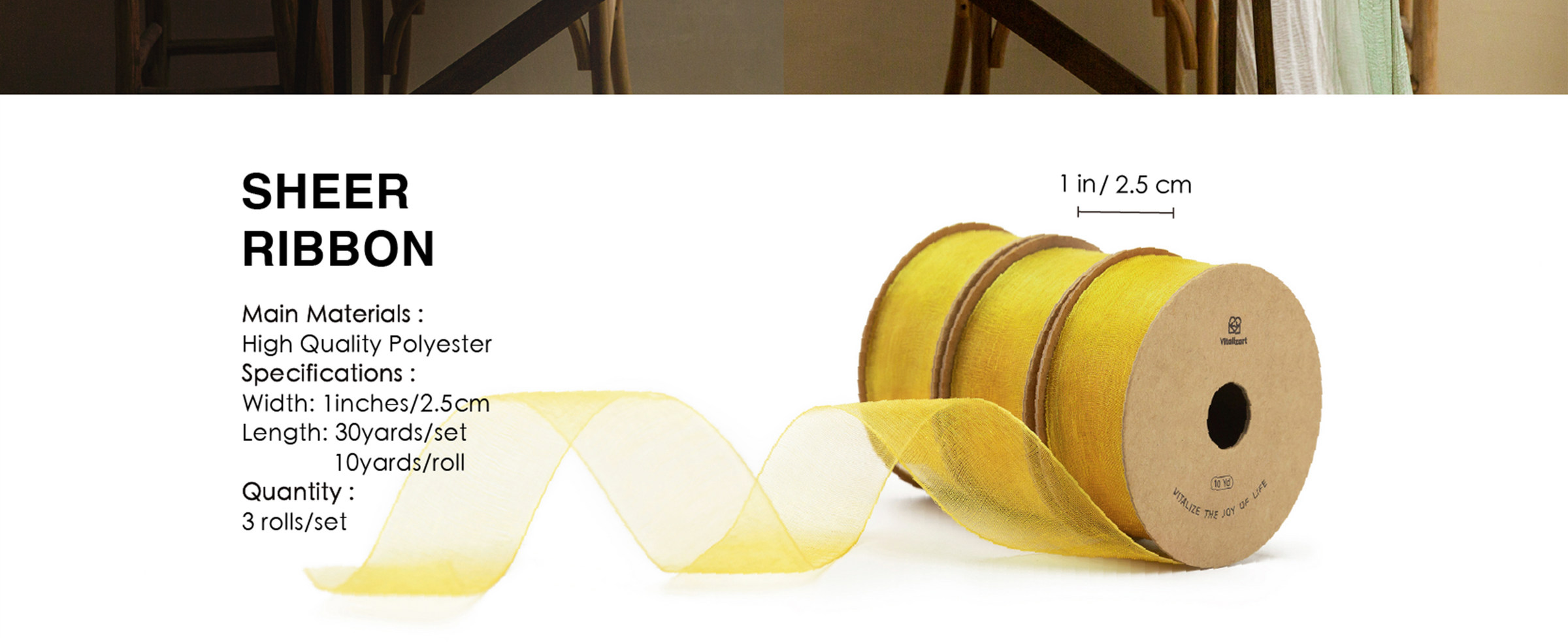 Three rolls of gold sheer polyester ribbon, each 1 inch wide and 10 yards long.