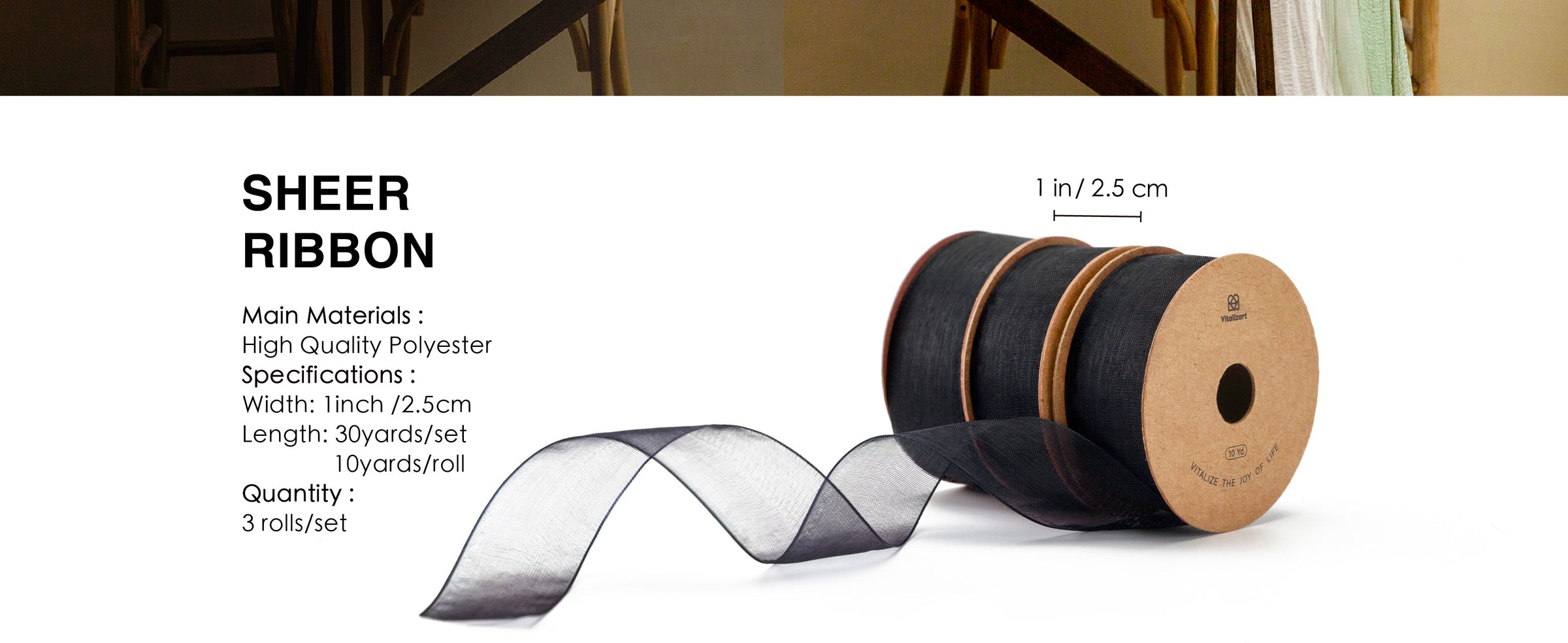 Three rolls of black sheer polyester ribbon, each 1 inch wide and 10 yards long, with a loose sample.