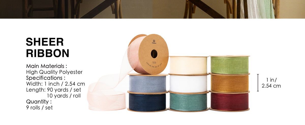 Nine mixed-color sheer organza ribbon rolls, each 1 inch wide and 10 yards long