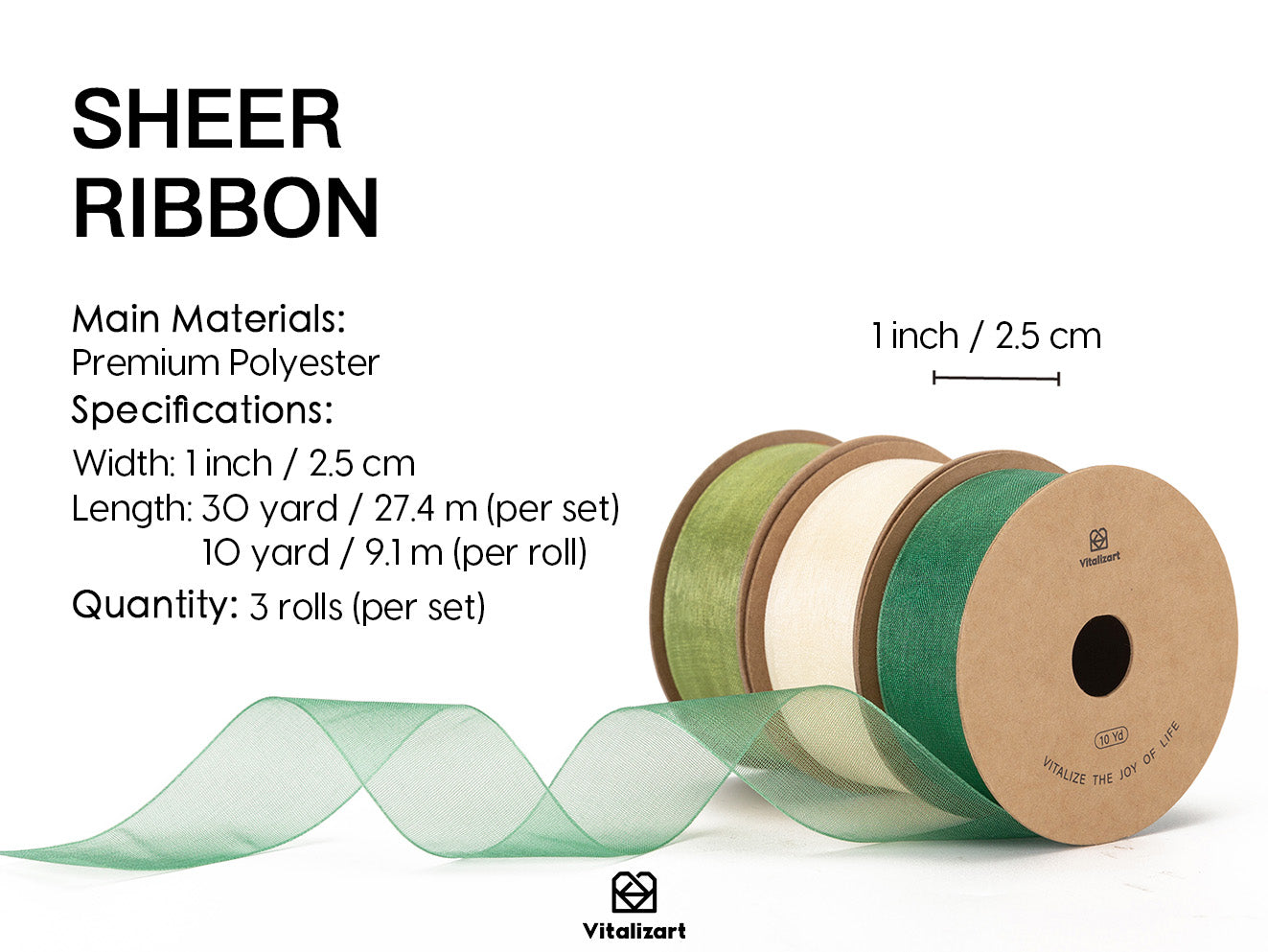 Three green and cream polyester sheer ribbon rolls, 1 inch wide and 10 yards each