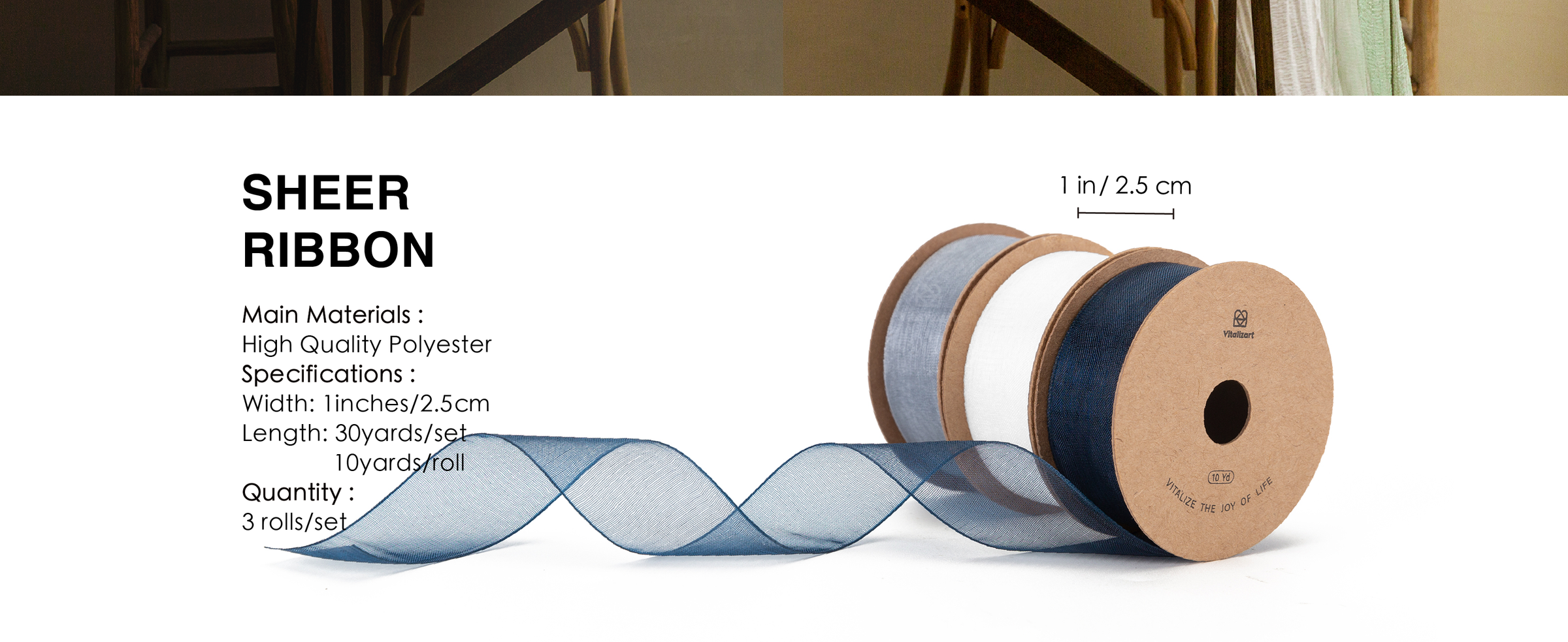 Three sheer polyester ribbon rolls in gray-blue, white, and navy, each 1 inch wide and 10 yards long