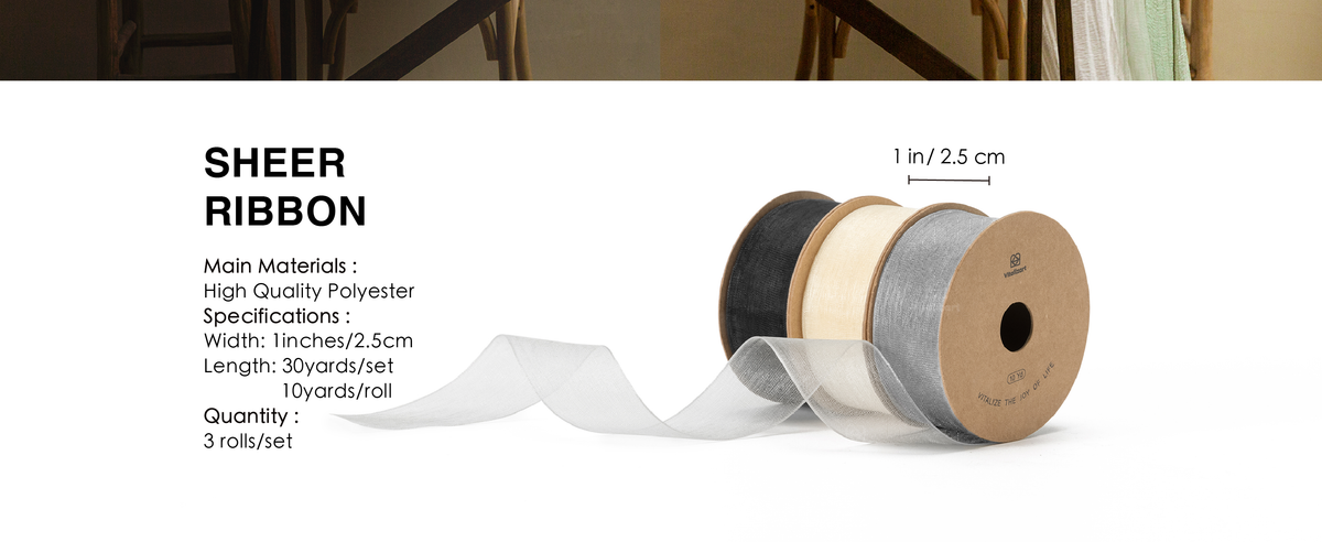 Three rolls of black, cream, and silver polyester sheer ribbon, each 1 inch wide and 10 yards long.