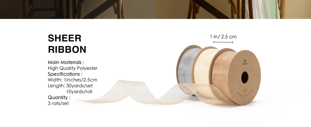 Three rolls of silver, cream, and gold polyester sheer ribbon, each 1 inch wide and 10 yards long.