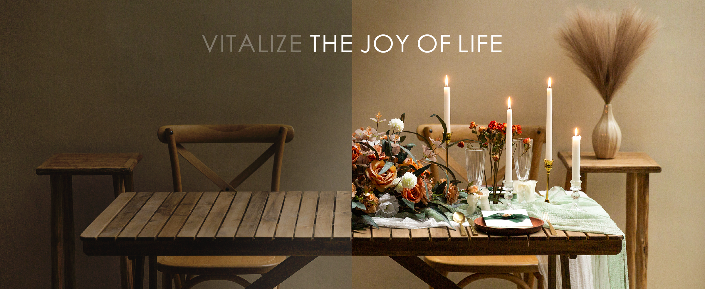 Before-and-after dining table, from bare wood to candles, flowers, glassware, and a green runner