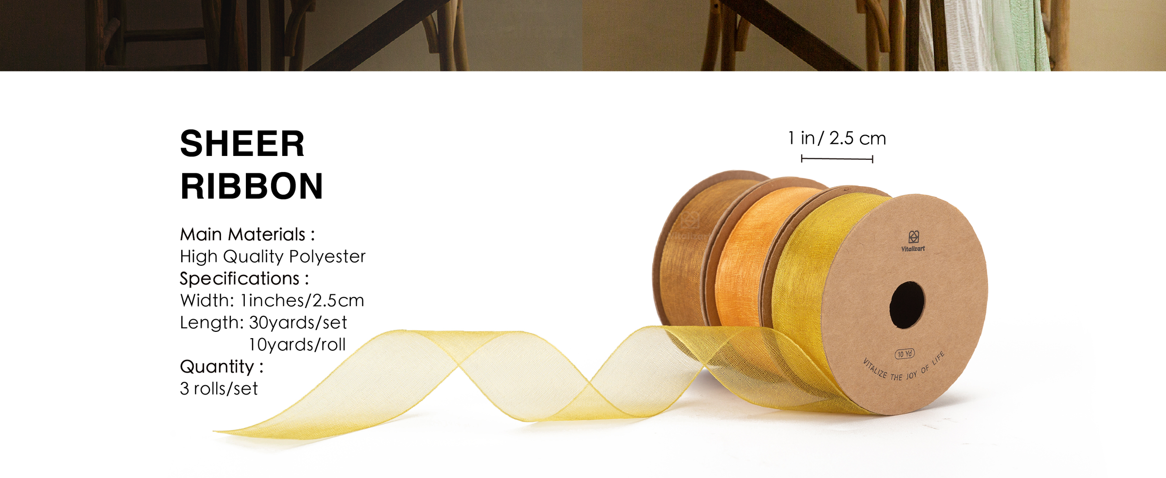 Three brown-gold, orange-gold, and bright gold polyester sheer ribbon rolls, 1 inch wide and 10 yards each