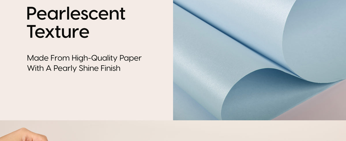Close-up of the baby blue pearly wrapping paper set showing its smooth pearlescent paper texture