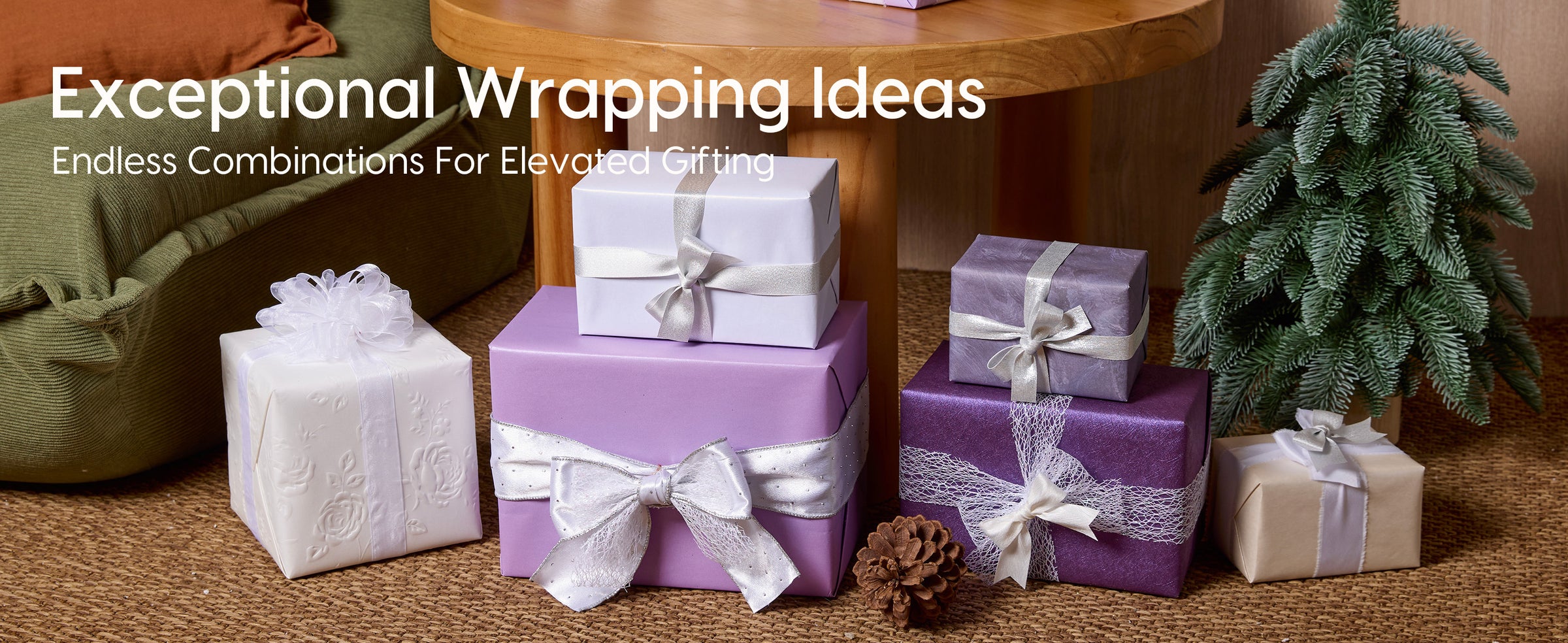 White and silver ribbons decorate lavender, purple, and cream gifts in a winter holiday setting.