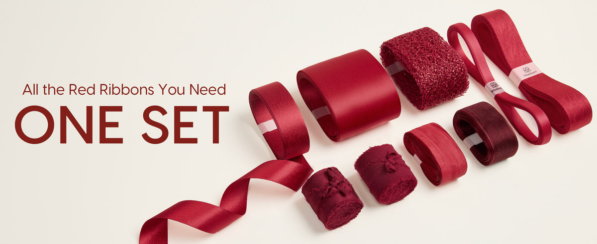 Assorted red and burgundy ribbon set with satin, sheer, glitter mesh, and fringed textures.