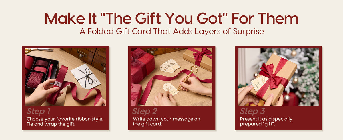Three-step sequence for choosing red ribbon, writing a gift tag, and presenting a bow-tied kraft gift box